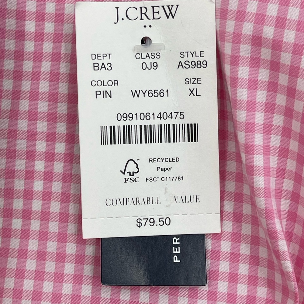 J Crew Pink & White Gingham Slim Performance‎ L/S Dress Shirt AS989 Men’s XL NWT - Picture 8 of 10